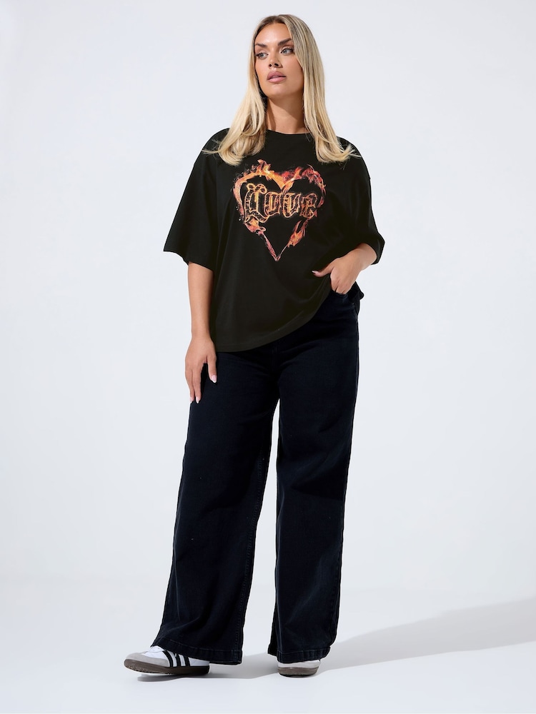 Yours Curve Black Limited Heart Fired T-Shirt - Image 2 of 5