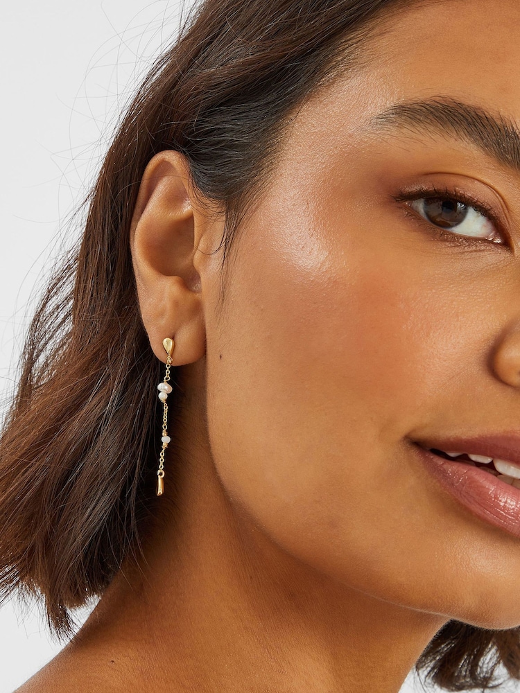Accessorize Gold Tone 14ct Pearl Chain Drop Earrings - Image 2 of 2