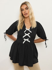 Negro - Yours Curve Puff Sleeve Bow Peplum Top - Imagen 1 de 5