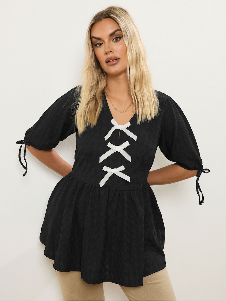 Negro - Yours Curve Puff Sleeve Bow Peplum Top - Imagen 1 de 5