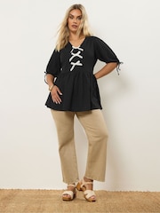 Negro - Yours Curve Puff Sleeve Bow Peplum Top - Imagen 2 de 5