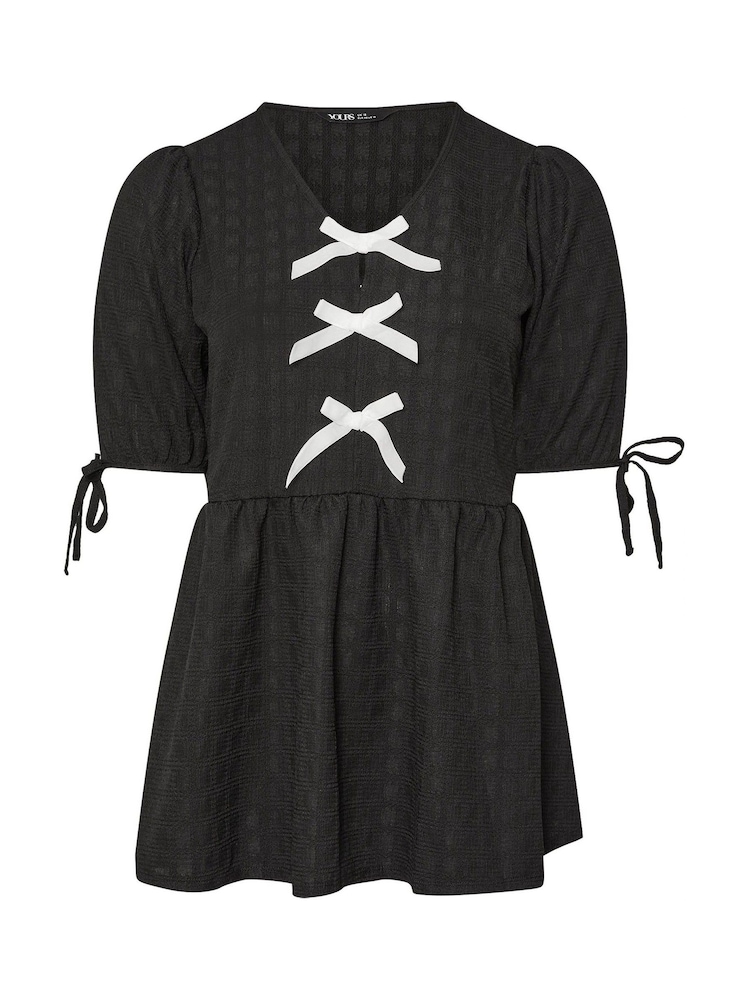 Negro - Yours Curve Puff Sleeve Bow Peplum Top - Imagen 5 de 5