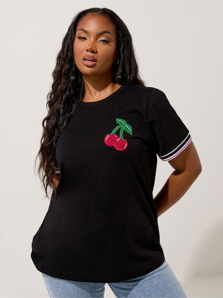 Yours Curve Black Ringer Cherry Varsity Trim T-Shirt - Image 1 of 5
