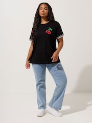 Yours Curve Black Ringer Cherry Varsity Trim T-Shirt - Image 2 of 5