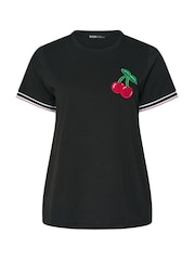 Yours Curve Black Ringer Cherry Varsity Trim T-Shirt - Image 5 of 5