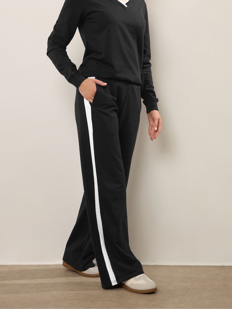 Long Tall Sally Black Ribbed Wide Leg Joggers - Image 1 of 5