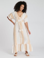 South Beach Metallic Gold Jacquard Wrap Front Maxi Dress - Image 4 of 5