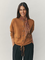 Tan Brown Smart Knit Button Up Pocket Bomber Cardigan - Image 1 of 8