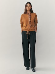 Tan Brown Smart Knit Button Up Pocket Bomber Cardigan - Image 2 of 8