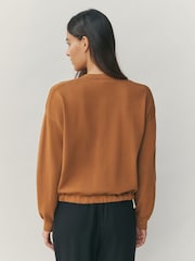 Tan Brown Smart Knit Button Up Pocket Bomber Cardigan - Image 3 of 8