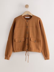 Tan Brown Smart Knit Button Up Pocket Bomber Cardigan - Image 6 of 8