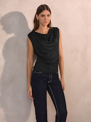 Navy Draped Sleeveless Sparkle Metallic Top - Image 1 of 7