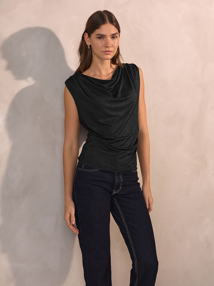 Navy Draped Sleeveless Sparkle Metallic Top - Image 1 of 7