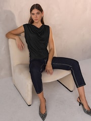 Navy Draped Sleeveless Sparkle Metallic Top - Image 2 of 7