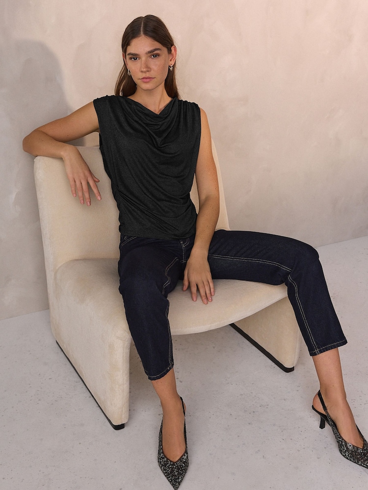Navy Draped Sleeveless Sparkle Metallic Top - Image 2 of 7