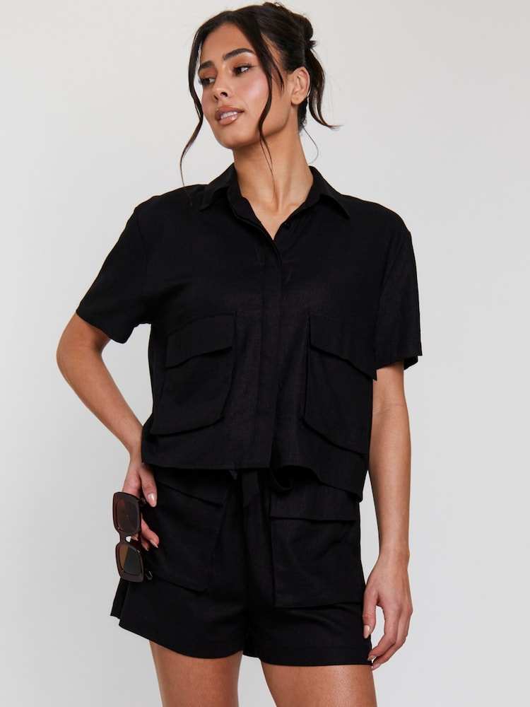 South Beach Black Linen Blend Short Sleeve Utility Shirt - Image 1 of 5