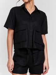 South Beach Black Linen Blend Short Sleeve Utility Shirt - Image 2 of 5