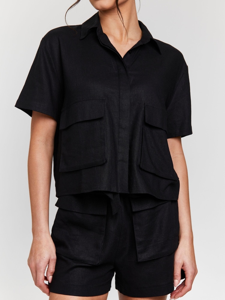 South Beach Black Linen Blend Short Sleeve Utility Shirt - Image 2 of 5