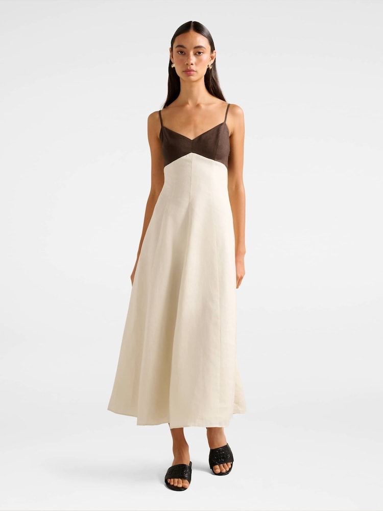 Forever New Brown Pure Linen Ada Contrast Midi Dress - Image 1 of 4