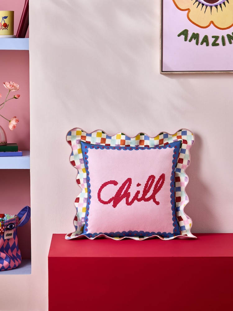 Eleanor Bowmer Multi Chill Slogan Needlepoint Cushion - Image 1 of 5 Eleanor Bowmer Multi Chill Slogan Needlepoint Cushion - Image 1 of 5