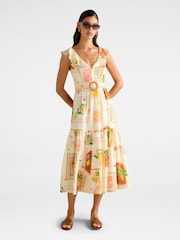 Forever New Cream Layne Printed Contains Linen Midi Dress - Image 1 of 4
