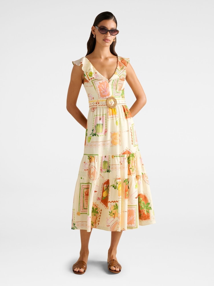 Forever New Cream Layne Printed Contains Linen Midi Dress - Image 1 of 4