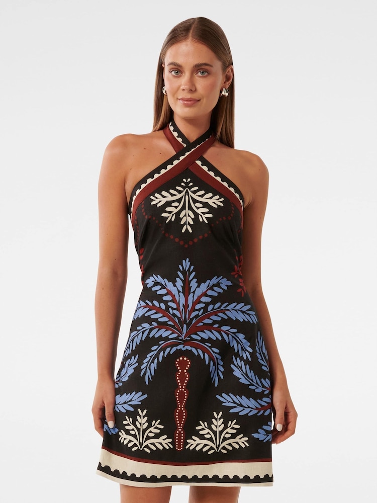 Forever New Black Linen Blend Adara Halter Neck Mini Dress - Image 1 of 5