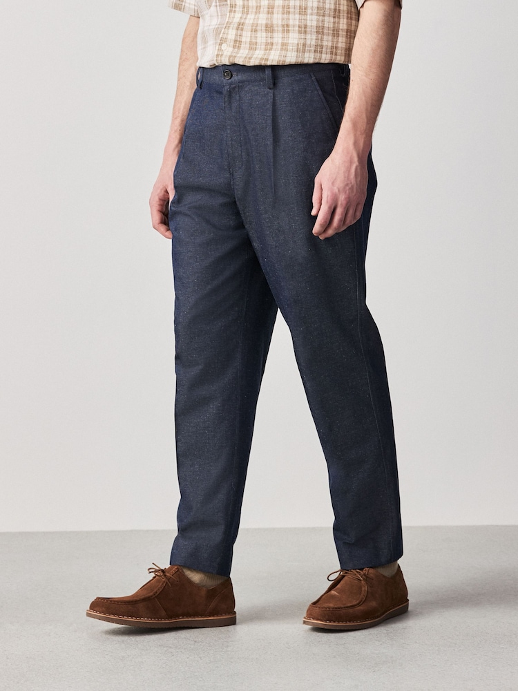 Navy Blue Relaxed Fit Cotton Linen Blend Suit Trousers - Image 1 of 9