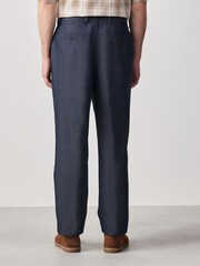Navy Blue Relaxed Fit Cotton Linen Blend Suit Trousers - Image 3 of 9