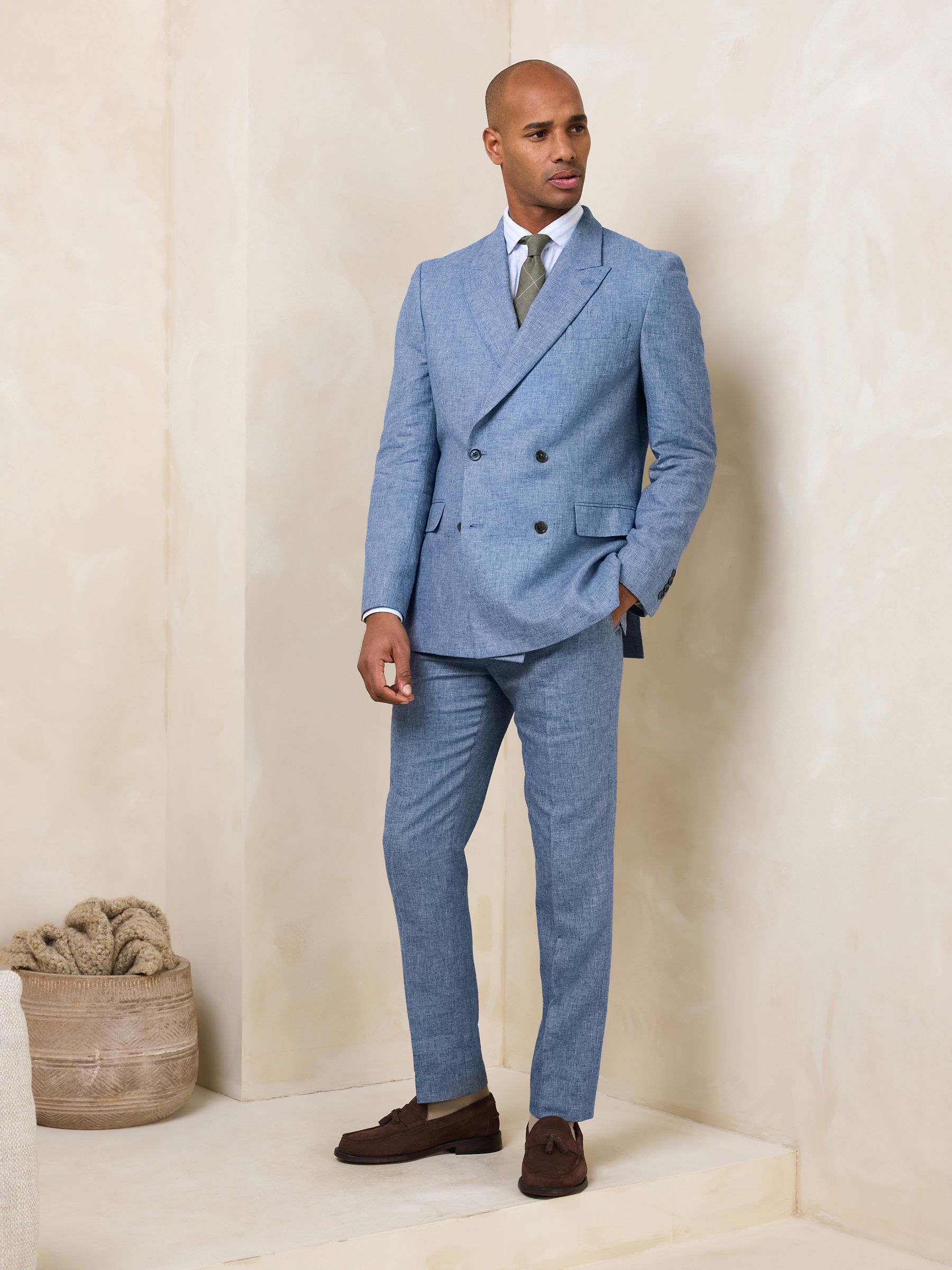 ebure エブール クリアリネン ダブル ブレスト サマージャケット 紺　38 Buy Blue - Tailored Fit Double Breasted Linen Blend Texture Suit