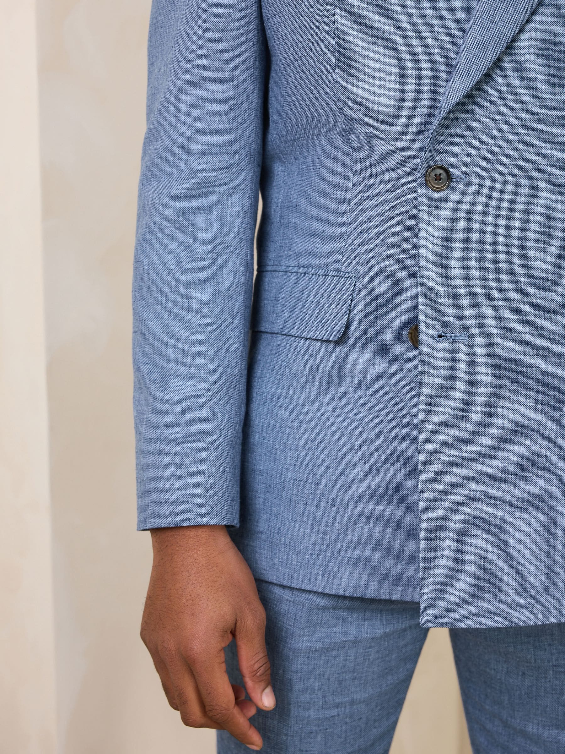 Buy Blue - Tailored Fit Double Breasted Linen Blend Texture Suit