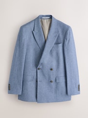Blue Tailored Fit Double Breasted Linen Blend Texture Suit Jacket - Image 7 of 11