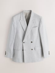 Grey Tailored Fit Double Breasted Linen Blend Texture Suit Jacket - Image 9 of 13