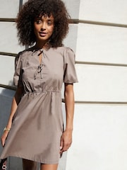 Threadbare Brown Puff Sleeve Tie Front Smock Mini Dress - Image 1 of 4