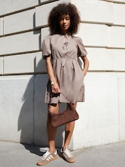 Threadbare Brown Puff Sleeve Tie Front Smock Mini Dress - Image 3 of 4