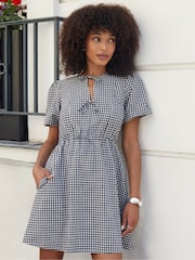 Threadbare Black Gingham Puff Sleeve Tie Front Smock Mini Dress - Image 1 of 4