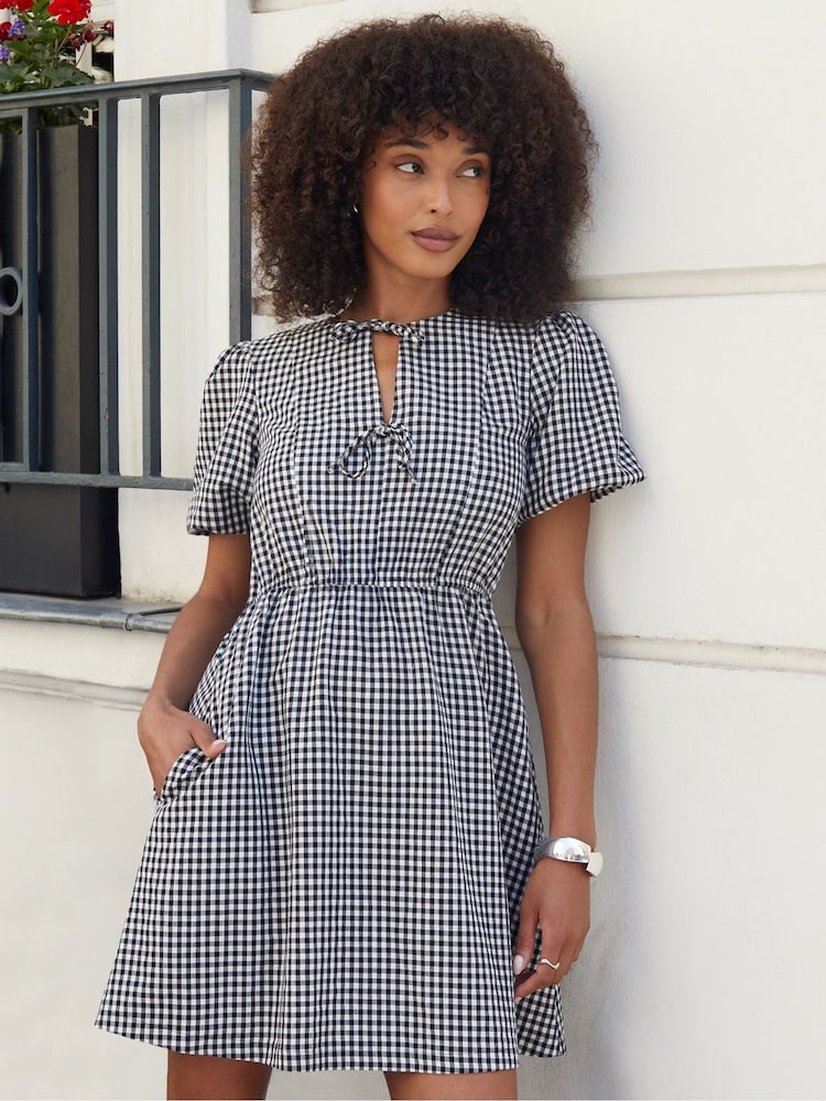 Threadbare Black Gingham Puff Sleeve Tie Front Smock Mini Dress - Image 1 of 4