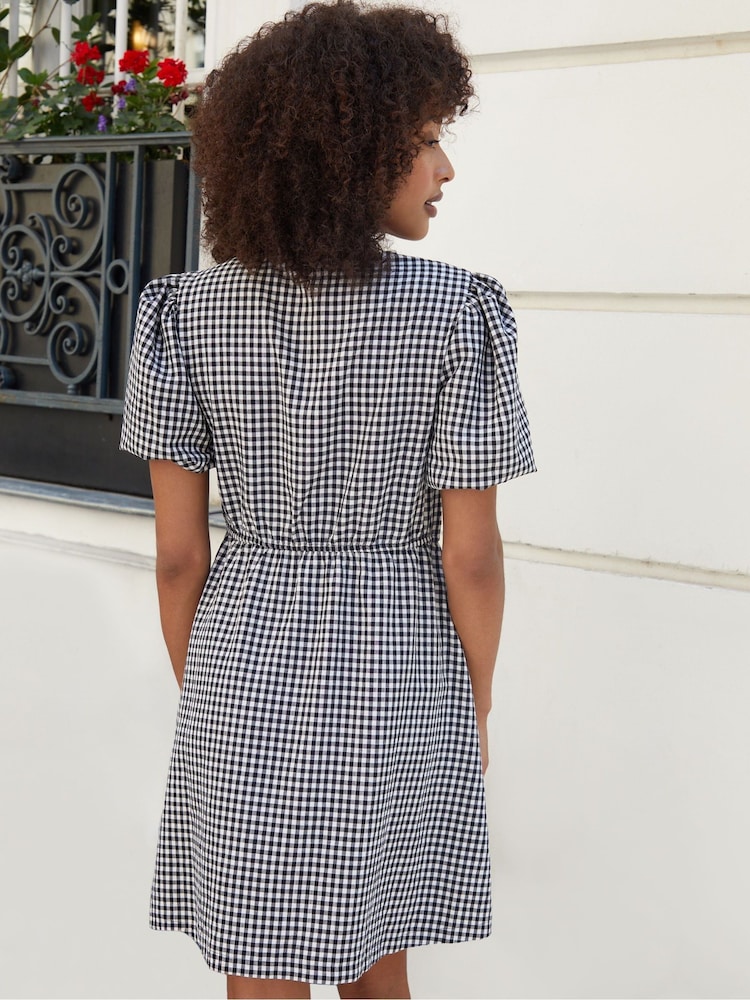 Threadbare Black Gingham Puff Sleeve Tie Front Smock Mini Dress - Image 2 of 4
