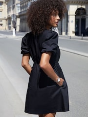 Threadbare Black Puff Sleeve Tie Front Smock Mini Dress - Image 2 of 5