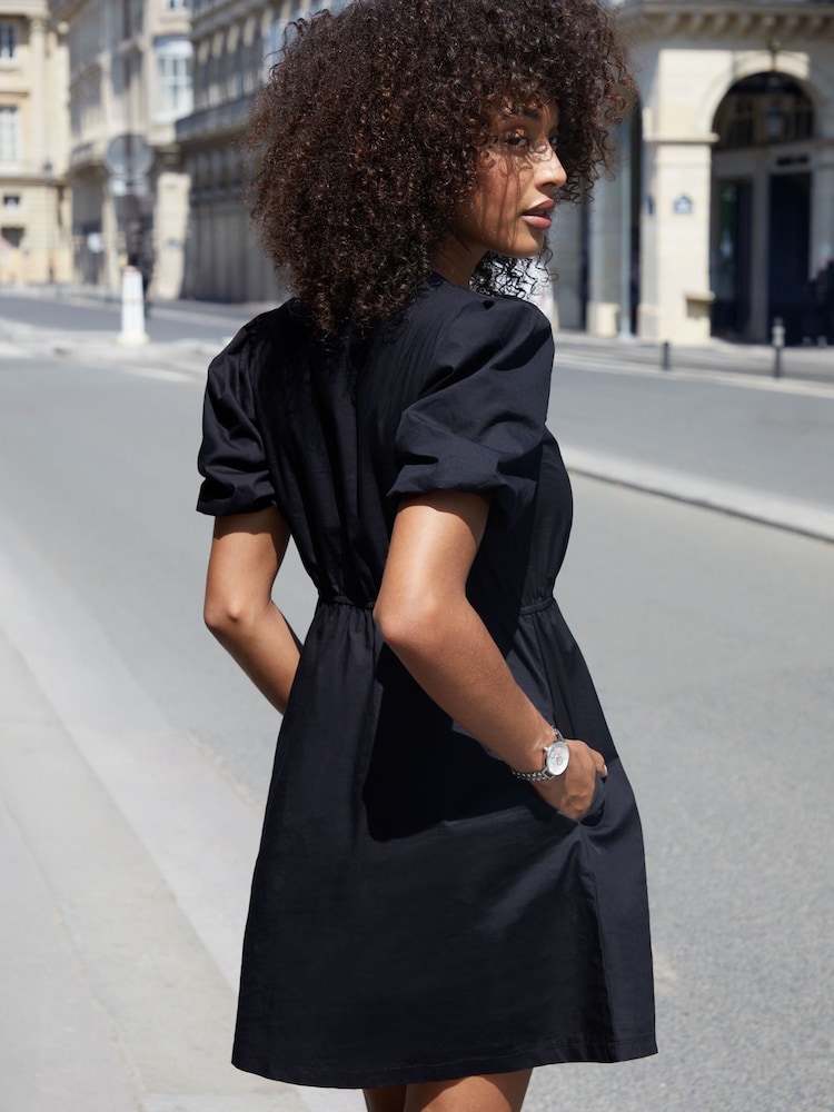 Threadbare Black Puff Sleeve Tie Front Smock Mini Dress - Image 2 of 5