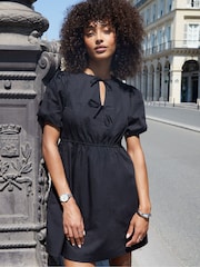 Threadbare Black Puff Sleeve Tie Front Smock Mini Dress - Image 3 of 5