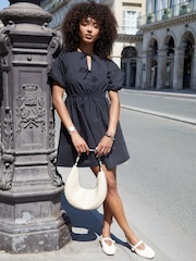 Threadbare Black Puff Sleeve Tie Front Smock Mini Dress - Image 4 of 5