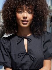Threadbare Black Puff Sleeve Tie Front Smock Mini Dress - Image 5 of 5