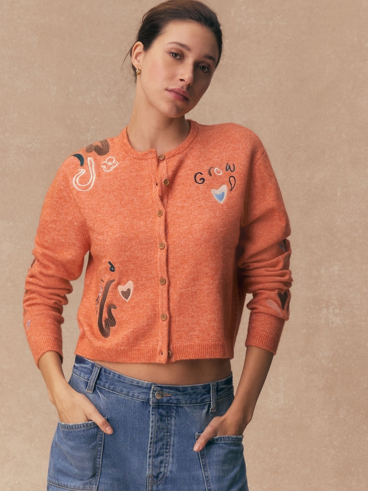 Orange Embroidery Crew Neck Knitted Cardigan - Image 1 of 9