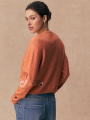Orange Embroidery Crew Neck Knitted Cardigan - Image 4 of 9
