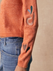 Orange Embroidery Crew Neck Knitted Cardigan - Image 5 of 9