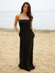 Threadbare Black 100% Cotton Jersey Bandeau Maxi Dress with Pockets - Image 1 of 5