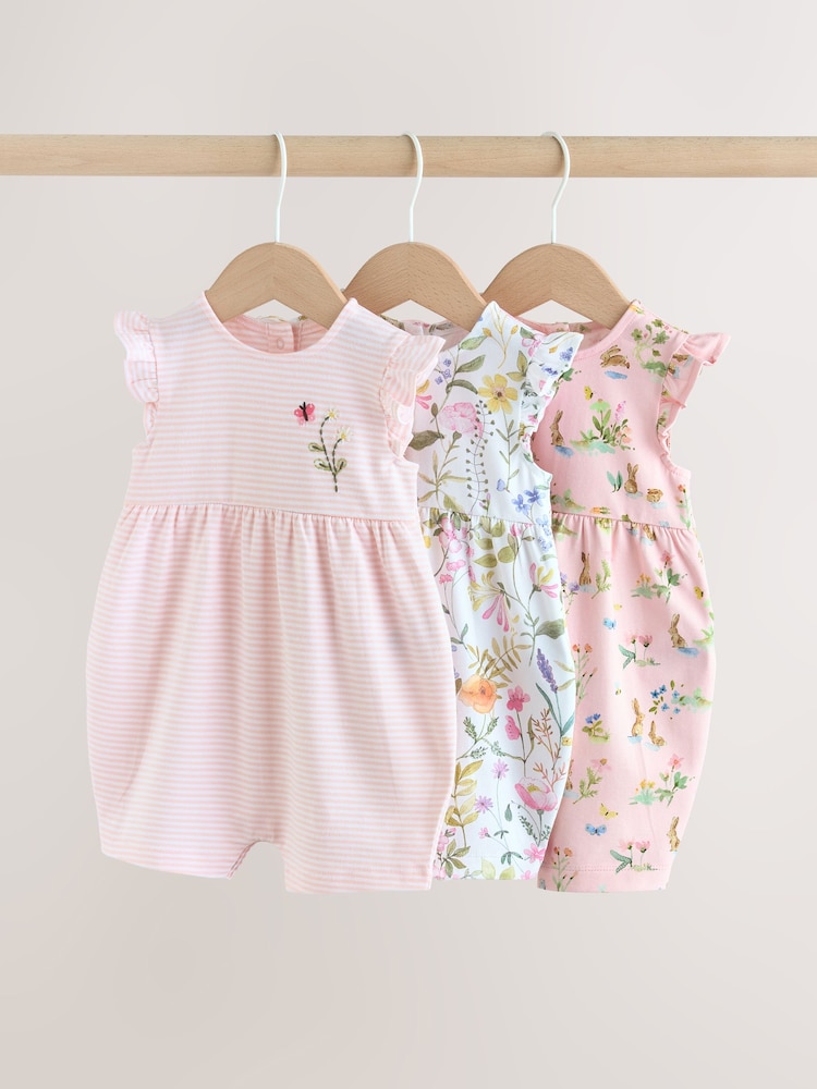 Pink Floral Frill Shoulder Baby Rompers 3 Pack - Image 1 of 12