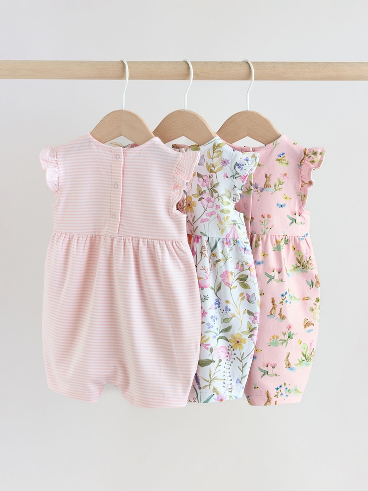 Pink Floral Frill Shoulder Baby Rompers 3 Pack - Image 2 of 12