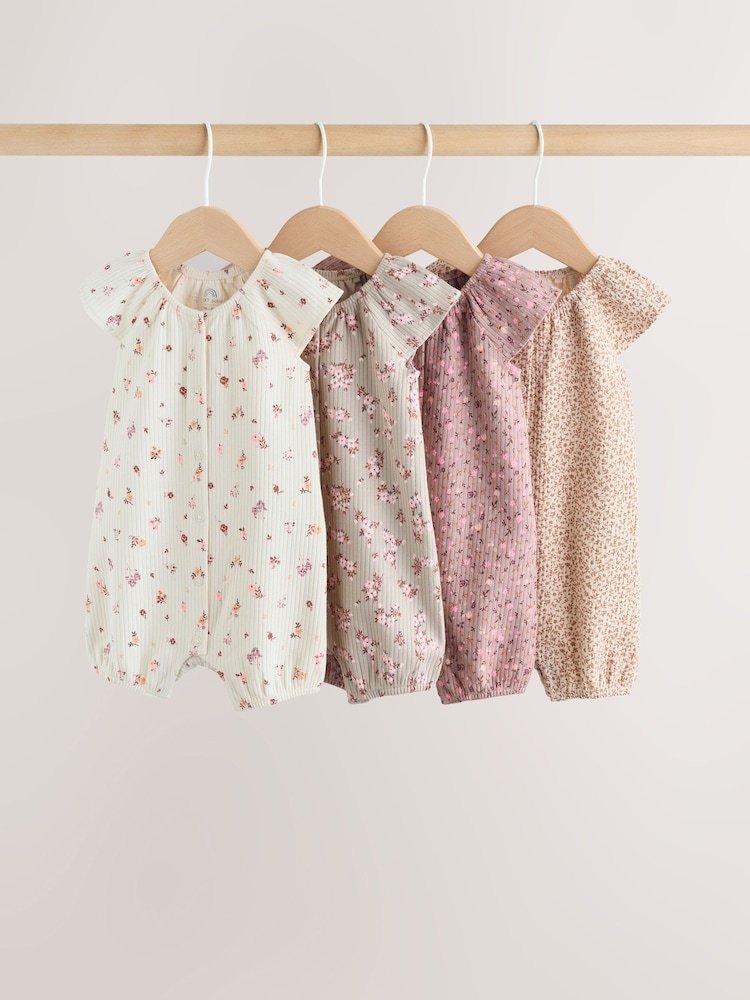 Neutral Floral Popper Through Jersey Baby Rompers 4 Pack - Image 1 of 12